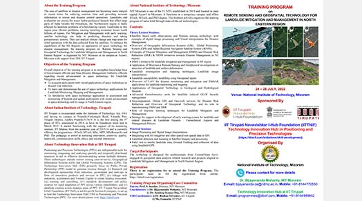 Training program on remote sensing and geospatial technology for landslide mitigation and management in north eastern region from 24-28 July 2022 at NIT Mizoram